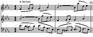 Ett sångbart tema med tydlig sidotemakaraktär i B-dur finns också: I slutet av expositionen hörs en fallande sekvens av tema 2. Tema 2 inleder också den långa och omfattande genomföringen.