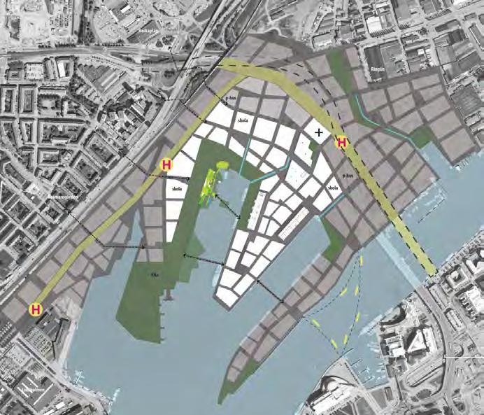 FRIHAMNEN GÖTEBORGS STAD Tänkt sträckning genom Frihamnen inklusive central hållplats efter Hisingsbron och hållplats på benet mot Lindholmen.