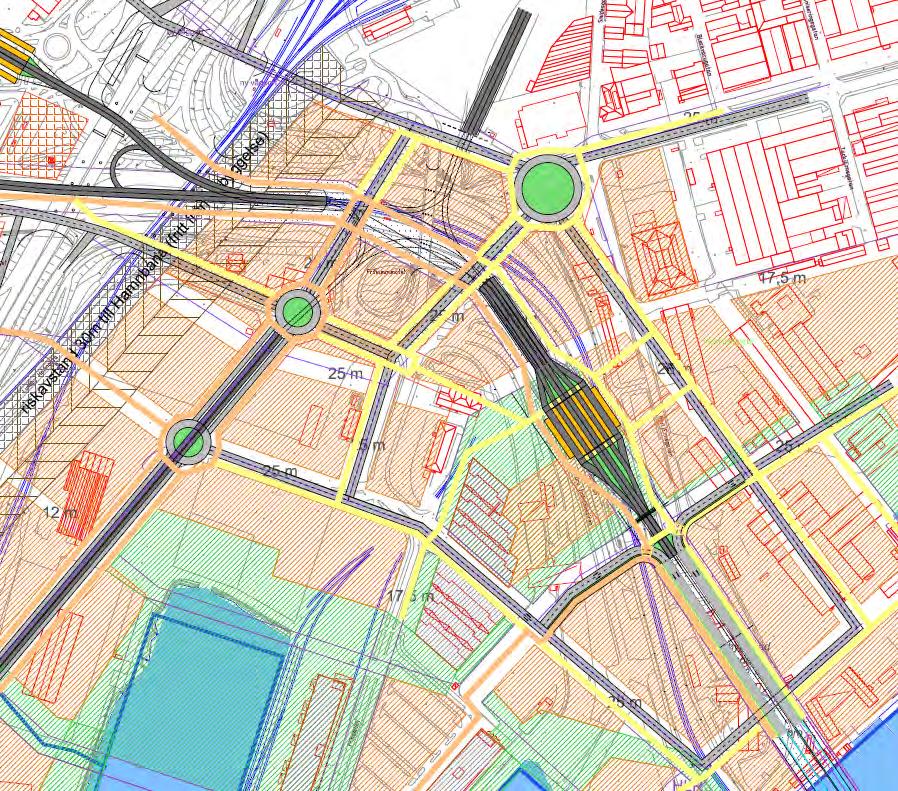 Överst: 80 100 meters marginalyta vid den befintliga Lundbyleden och Hamnbanan. Mitten: Lundbyleden och Hamnbanan flyttas ut till marginalytan och nedsänkning sker av den blivande permanenta ytan.