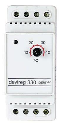 Reglering: Termostater 41 DEVIreg 330 Elektronisk termostat för montage på DIN-skena i apparatskåp, för reglering av golvvärme, frostskydd av rör, snösmältning, industriapplikationer m.m. DEVIreg TM 330 är en elektronisk termostat för montage på DIN-skena.