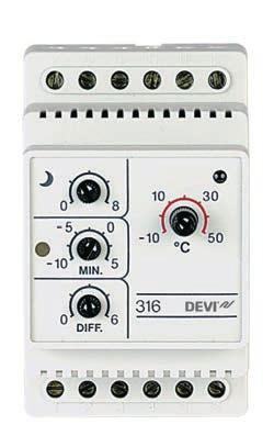 42 Reglering: Termostater DEVIreg 316 Elektronisk termostat för montage på DIN-skena i apparatskåp för reglering av golvvärme, snösmältning i hängrännor, stuprör eller markanläggningar m.m. DEVIreg TM 316 är en elektronisk termostat för montage på DIN-skena.