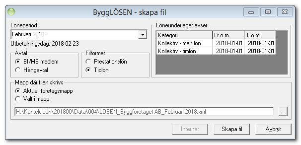 Skapa och skicka fil Formuläret för att skapa fil finns under Rapporter i menyraden, välj Byggrapportering och Skapa fil. Löneperiod Programmet föreslår den senast fastställda löneperioden.