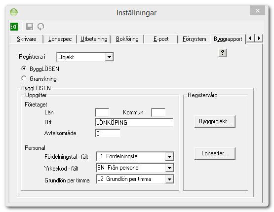 Inställningar för ByggLÖSEN Via Arkiv i menyraden och Inställningar väljer du fliken Byggrapport. Här ska du göra ett antal inställningar för att dina uppgifter i ByggLÖSEN ska bli korrekta.