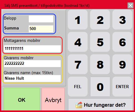 Kontroll id (inringat med gult). Fyll i kortid om det är ett magnetkort. Annars det ID som följs i kassan. Det kan t.ex.