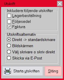 7 Utskriftsalternativ Välj rätt kryssrutor för utskrift. Dessa utskrifter sker på A4-skrivare alternativt så skapas en PDF som kan mejlas. Tryck på Starta utskriften för att avsluta faktureringen.