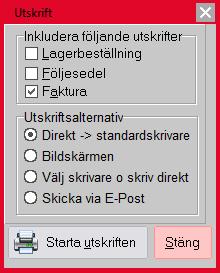 7 Utskriftsalternativ Välj rätt kryssrutor för utskrift. Dessa utskrifter sker på A4-skrivare alternativt så skapas en PDF som kan mejlas. Tryck på Starta utskriften för att avsluta faktureringen.