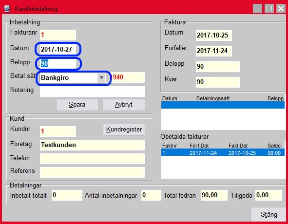 När man valt faktura kommer rutan Kundinbetalning fram. Sätt korrekt datum när fakturan betalades. Om inte hela beloppet betalats, skriv in det som har blivit inbetalat. Välj korrekt betalsätt.