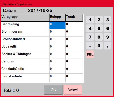 Registrera svinn Kassan har en funktion för att registrera svinn. För att använda detta, programmera en knapp med makrot: ##REGISTRERASVINN## Tryck på knappen. Ett fönster öppnas.