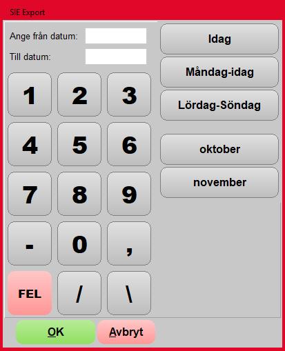 Gå till menyn Arkiv/Servicerutiner/Importera-exportera/SIE bokföringsfil/grupperad per datum. 2. Tryck på knappen Idag om dagens SIE-fil ska skapas. 3.