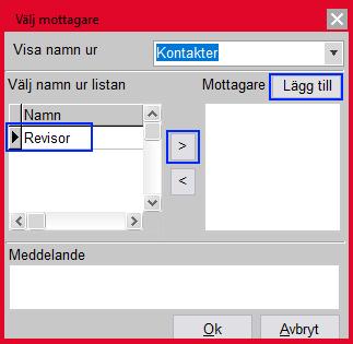 9. Tryck Ja för att skicka SIE-filen med epost. Om korrekt kontakt existerar. Tryck på den och sen på knappen >. Annars, tryck på knappen Lägg till.