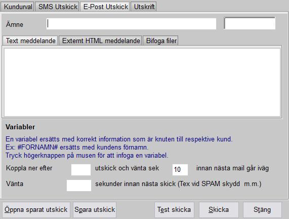 E-post Utskick Tredje fliken, E-post Utskick, fungerar som SMS Utskick. Man kan dock ha mer text. Skriv texten i meddelandefältet. Det går att använda variabler på samma sätt som ovan.