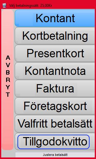 Alternativt till att använda c och felslag, använd d. I rutan som kommer upp, tryck på de artiklar som ska återköpas. Avsluta med att trycka på knappen OK. Välj BETALA enligt ovan.