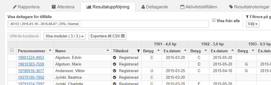 Här listas samtliga attesterade resultat för studenten. Resultatuppföljningsfliken Sök fram kurstillfället.