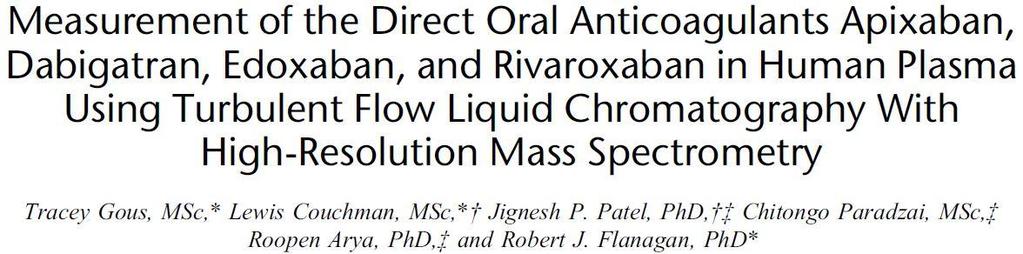 Mätning av 4 x NOAK simultant med LC-HR-MS Ther Drug Monit 2014; 36: 597-605. Enkel och robust Total analystid 6 min. (inkl.