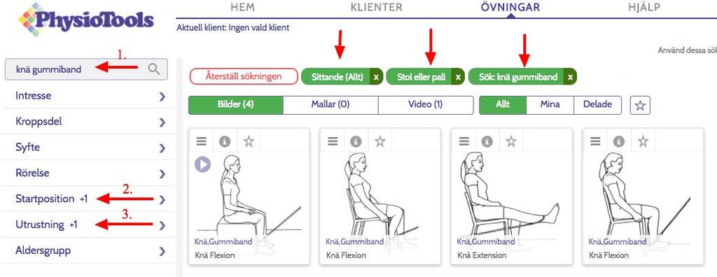 Nu ser du direkt till höger på sidan de övningar som matchade dina sökval. Ovanför bilderna och ovanför tabbarna ser du också dina gjorda sökval i form av taggar.