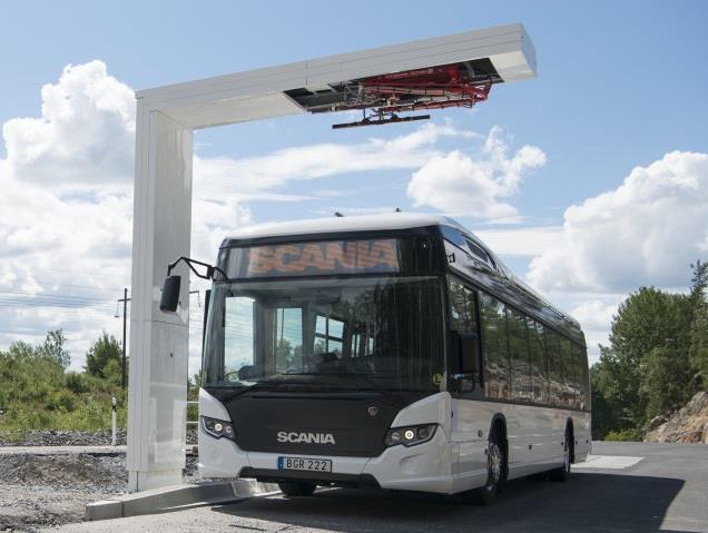Scanias helelektriska buss Hel-elektrisk stadsbuss som laddas konduktivt med pantograf vid varje