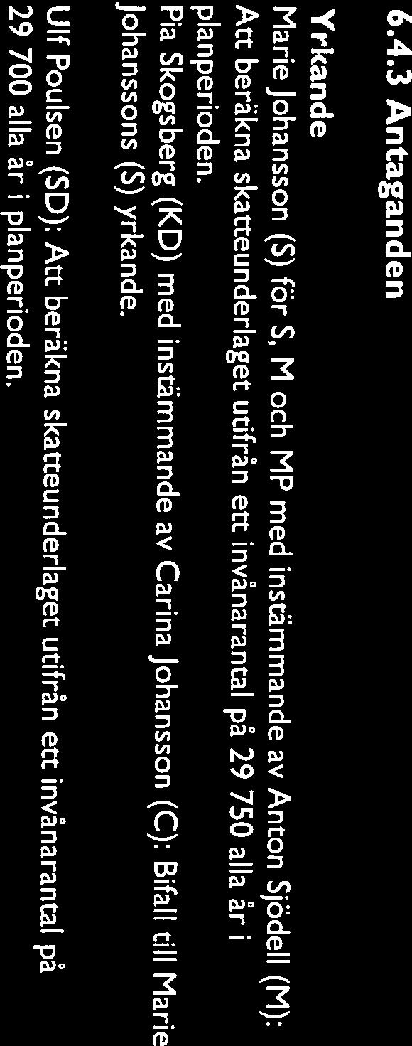 Att beräkna skatteunderlaget utifrån ett invånarantal på 29 750 alla år i Marie Johansson (S) för S, M och MP med instämmande av Anton Sjödell (M): 6.4.3 Antaganden (K) yrkande. att rösta.