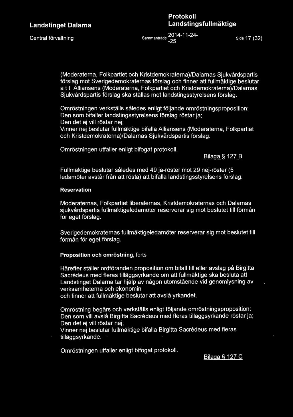 Central förvaltning Sammanträde ~~; 4-11 - 24 - Sida 17 (32) (Moderaterna, Folkpartiet och Kristdemokraterna)/Dalarnas Sjukvårdspartis förslag mot Sverigedemokraternas förslag och finner att
