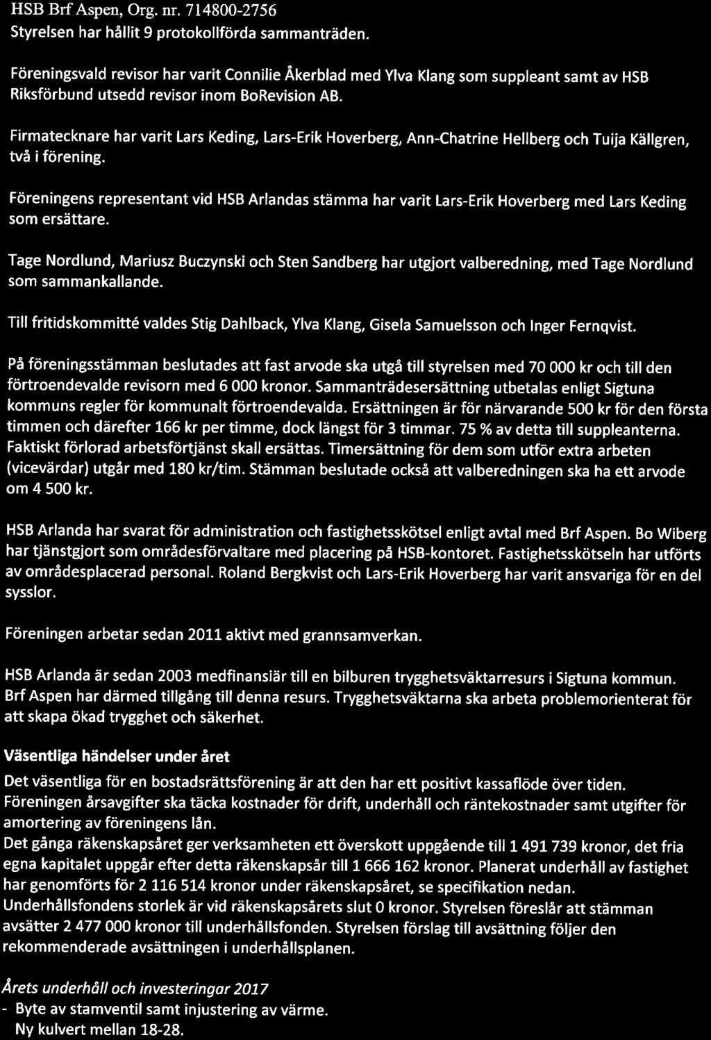 HSB BrfAspen, Org. nr. 714800-2756 Styrelsen har hållit 9 prtkllförda sammanträden.