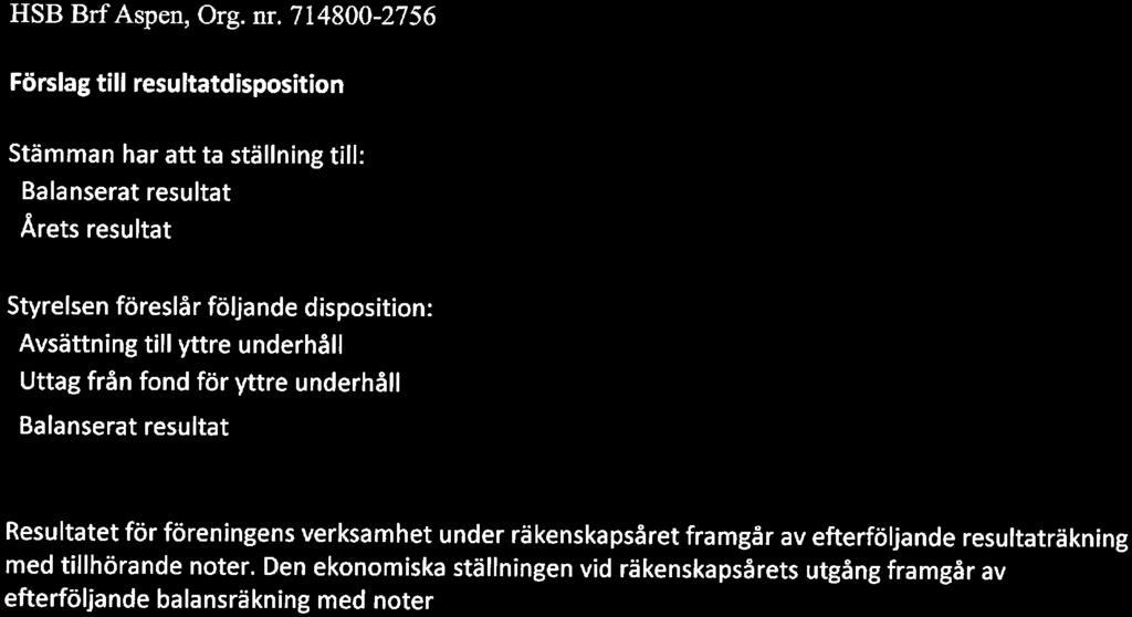 följande dispsitin: Avsättning till yttre underhåll Uttag från fnd för yttre underhåll Balanserat resultat 174423 l 491 739 l 666 162 2