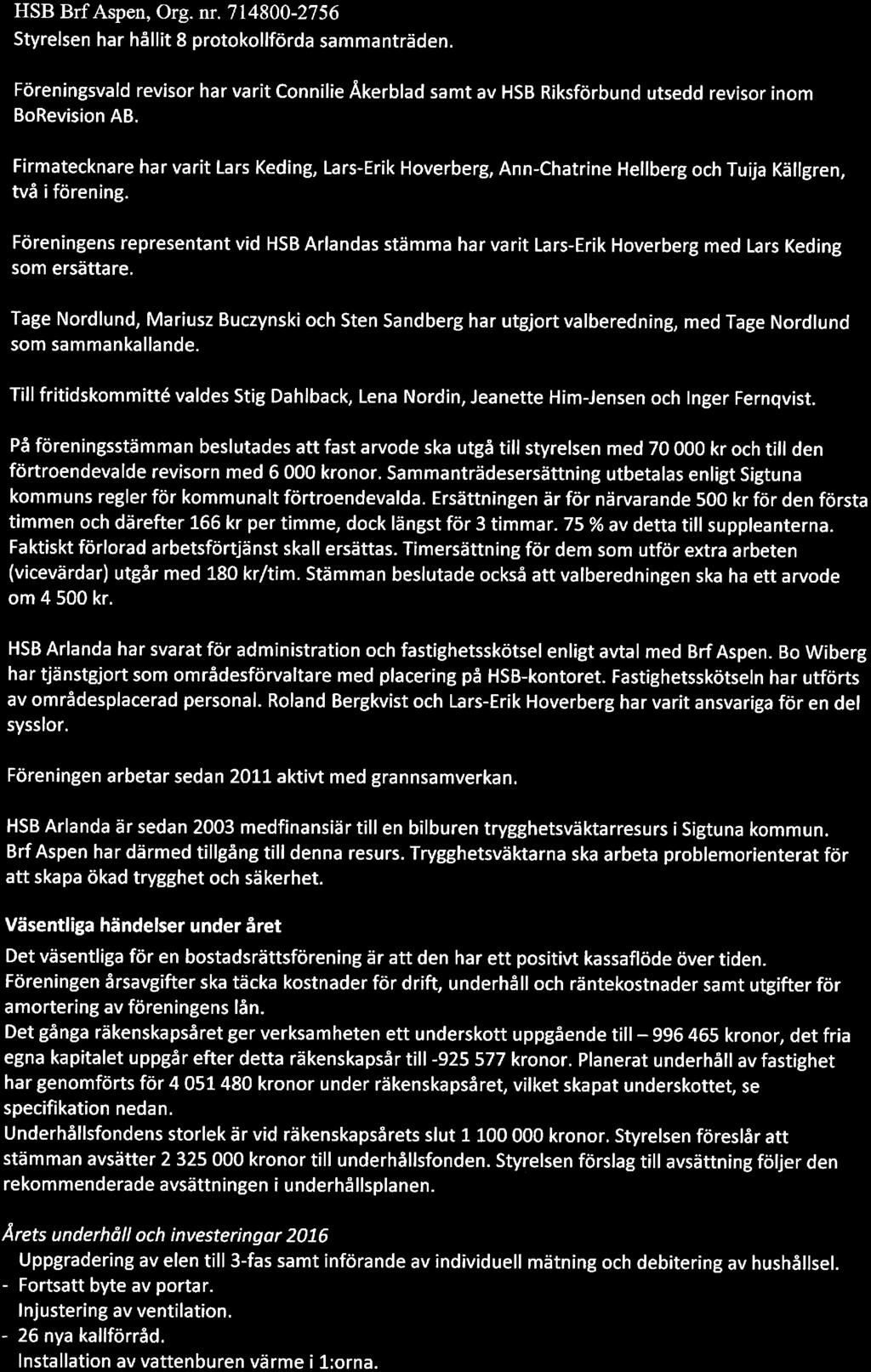 HSB BrfAspen, Org. nr. 714800-2756 2 Styrelsen har hållit 8 protokollförda sammanträden. Föreningsvald revisor har varit Connilie Åkerblad samt av HSB Riksförbund utsedd revisor inom BoRevision AB.