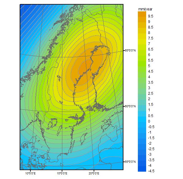 Figur 1. Landhöjningshastigheter (relativt geoiden) från modellen NKG2016LU (läs mer i kapitel 5).