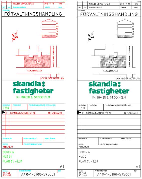 6.5 Namnruta Namnruta erhålls av Skandia Fastigheter i ett startpaket med mallfiler. Mallfilen för ritningsdefinitioner innehåller blankett, namnruta samt skalstock.