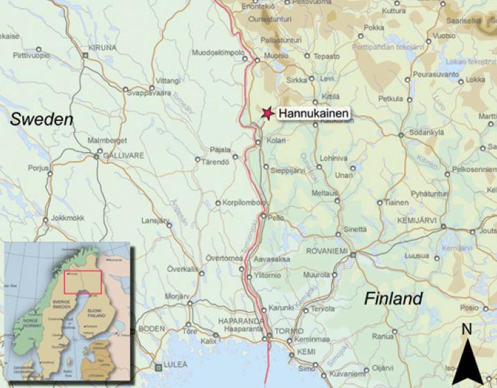 3 ÖVERVAKNINGSOMRÅDE 101004010 Gruvområdet i Hannukainen i Västra Lappland i den nordöstra delen av Kolari kommun, cirka 15 km från gränsen mellan Finland och Sverige. Utmålets area är cirka 30 km 2.
