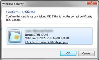 5 (33) Välj certifikatet SITHS CA, klicka OK. En ny dialogruta visas där du uppmanas att ange din PIN-kod för legitimering. Notera att dialogrutans utseende varierar med olika Windowsversioner.