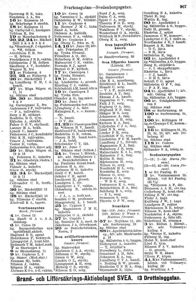 Sporrong H N, tekn. 10 kv. Ceres 14 Nord J A, serg. Sundsten A A, fru äg. Varenius C L, skrädd Palm <; A, serg. 16 kv. Kejsaren 10 Dahlström K W, tillskär. Spjut C A, serg. äg. Schybergs S sterbh.