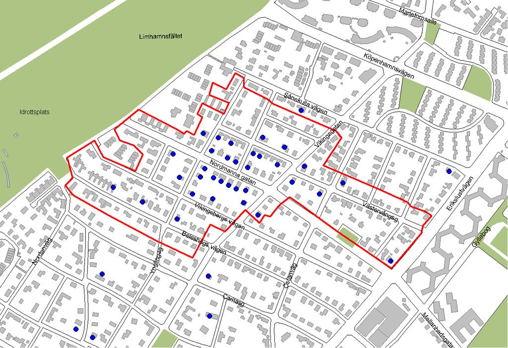 Figur 3.9 Område i Västervång för utskick av enkät Området för enkäten begränsades till lägena för inrapporterade källaröversvämningar.