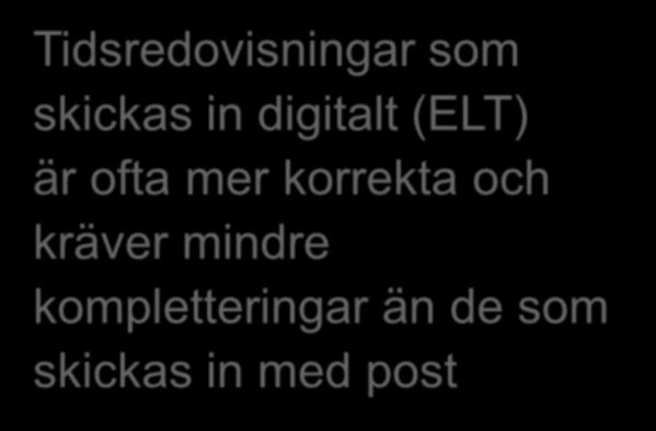 Använd elektronisk tidsredovisning (ELT) Skicka tidsredovisningar digitalt Förenklad och säkrare hantering av informationen Uppgifterna är läsbara i Försäkringskassans