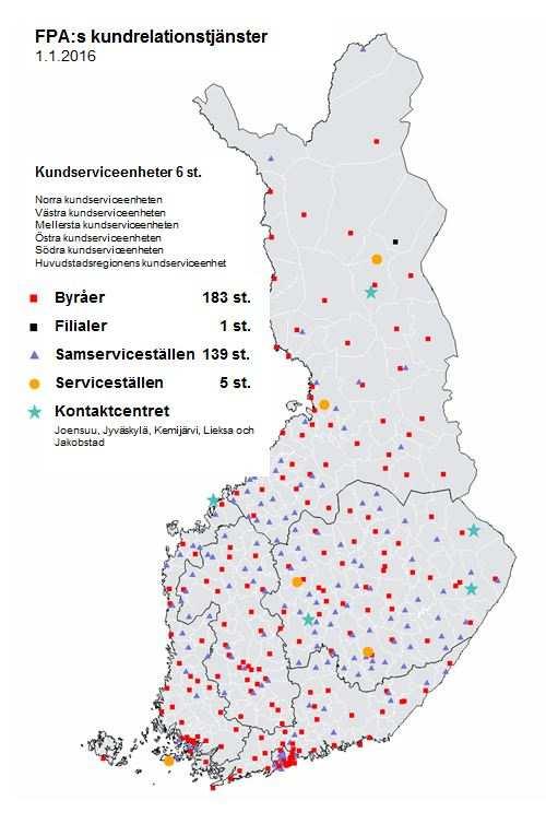 FPA:S SERVICENÄT Vid årets slut ingick 183 byråer och 1 filialmottagning i FPA:s servicenät. Servicenätet ersätts och stöds av samserviceställen som inrättats i samverkan mellan olika myndigheter.