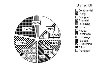 Endast 2008års branschindelning är redovisade eftersom företagen inte har bytt bransch under undersökningsperioden. Nedan visas hur urvalet är spritt över storlek, genom omsättning.