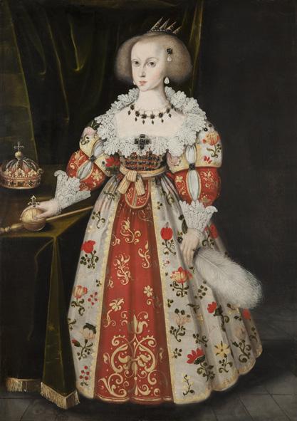 Drottning Kristina som barn, ca 1638 Jacob Heinrich Elbfas skola Detaljerna i porträttet av Kristina visar att det är en drottning vi ser på bilden. På huvudet bär hon en liten krona.