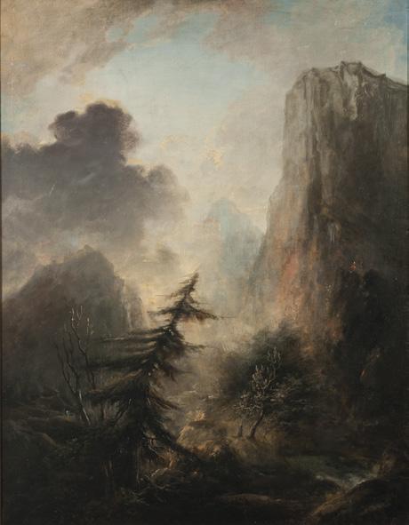 Romantiskt landskap med gran, 1768 1780 Elias Martin I Romantiskt landskap med gran ser vi en vindpinad, lätt böjd gran skildrad mot mörka berg.