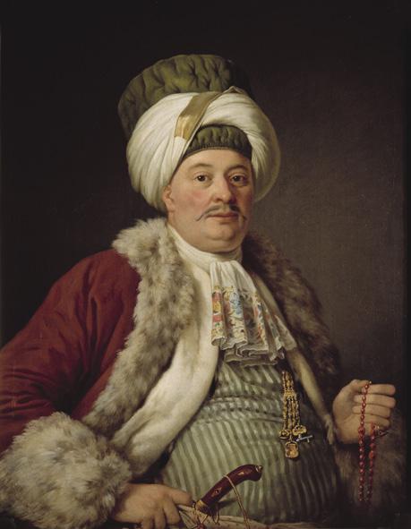 Asmund Palm, köpman i Konstantinopel, 1773 Jonas Hoffman Asmund Palm poserar med turban, hermelinfodrad rock, turkisk kniv och radband.