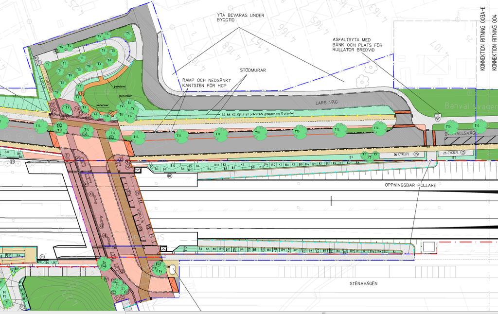 Område 2 Mot Stationsstigen planeras en gång- och cykelväg samt en bred trappa upp till stationsbron.