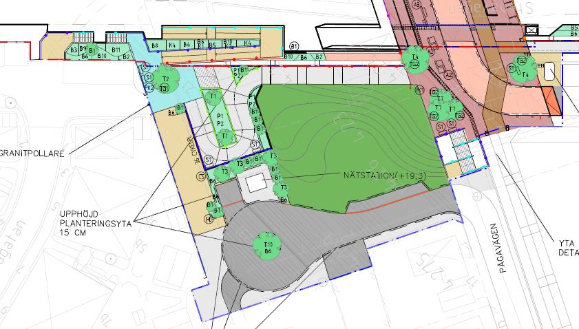 Område 3 På den västra sidan av stationen planeras parkering för cyklar och några bilar, planteringar och en ramp till perrongen.