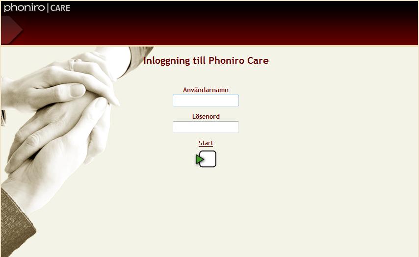 9 Phoniro Care 9.1 Inloggning och utloggning För att kunna logga in i Phoniro Care måste man vara registrerad med användarnamn och lösenord (se Användare och behörigheter).