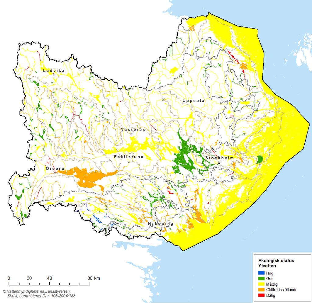 Ekologisk status i ytvatten 2014 Sämre än god status i 80% av förekomsterna