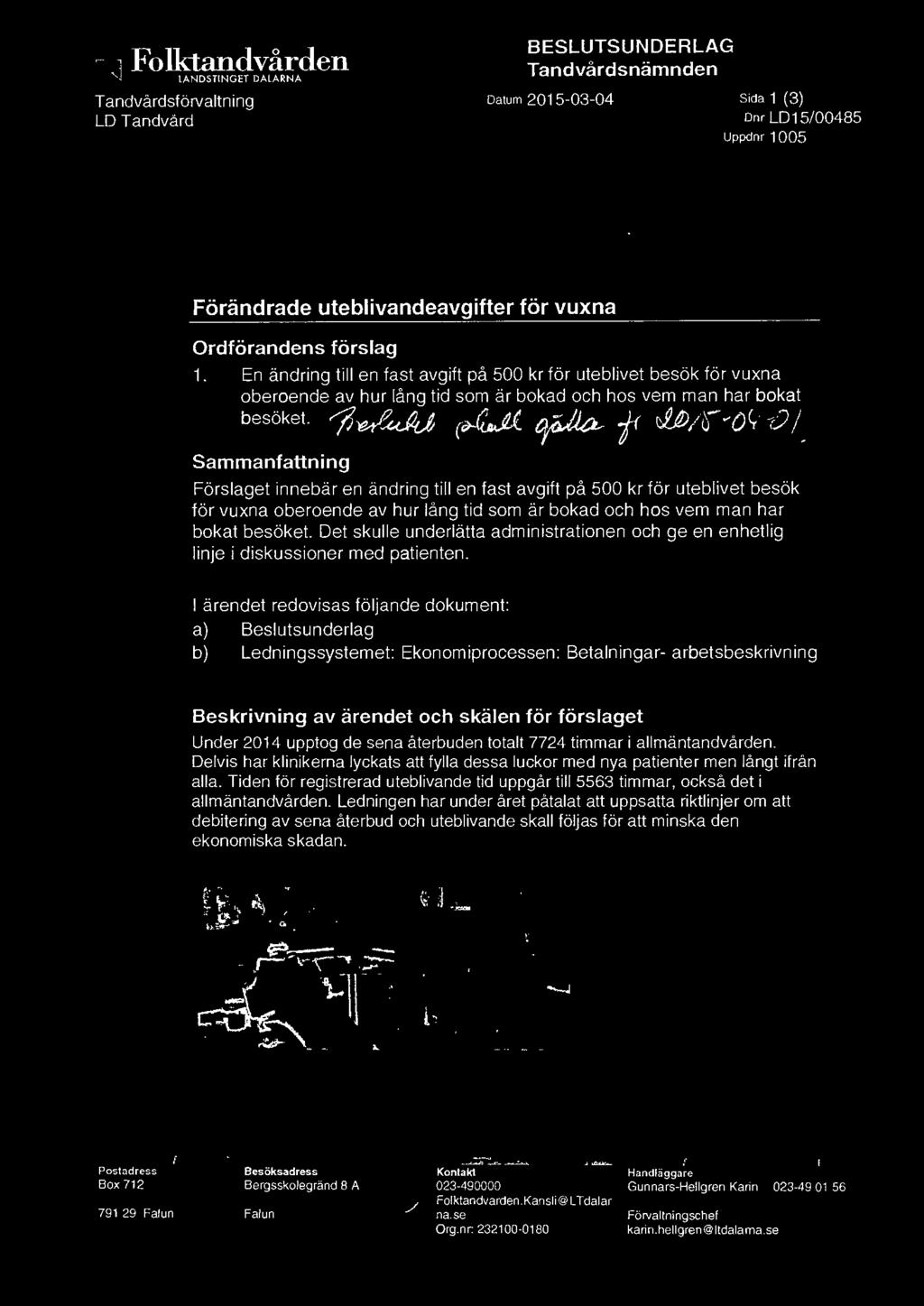 En ändring till en fast avgift på 500 kr för uteblivet besök för vuxna oberoende av hur lång tid som är bokad och hos vem man har bokat besöket. ~-ell~ tgl.g.j.( ~~ f rj.