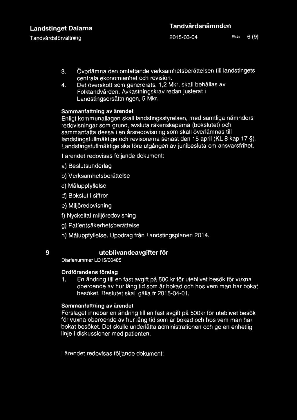 Landstinget Dalarna T andvårdsförvaltning DAGORDNING Tandvårdsnämnden 2015-03-04 Sida 6 (9) 3. Överlämna den omfattande verksamhetsberättelsen till landstingets centrala ekonomienhet och revision. 4.