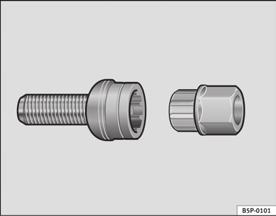 Nödfall 275 Hjulbultar med stöldskydd Lossa hjulbultarna Bild 168 Hjul: lossa hjulbultarna Bild 167 Hjulbult med stöldskydd, lock och adapter En speciell adapter (fordonsverktyg) krävs för att skruva