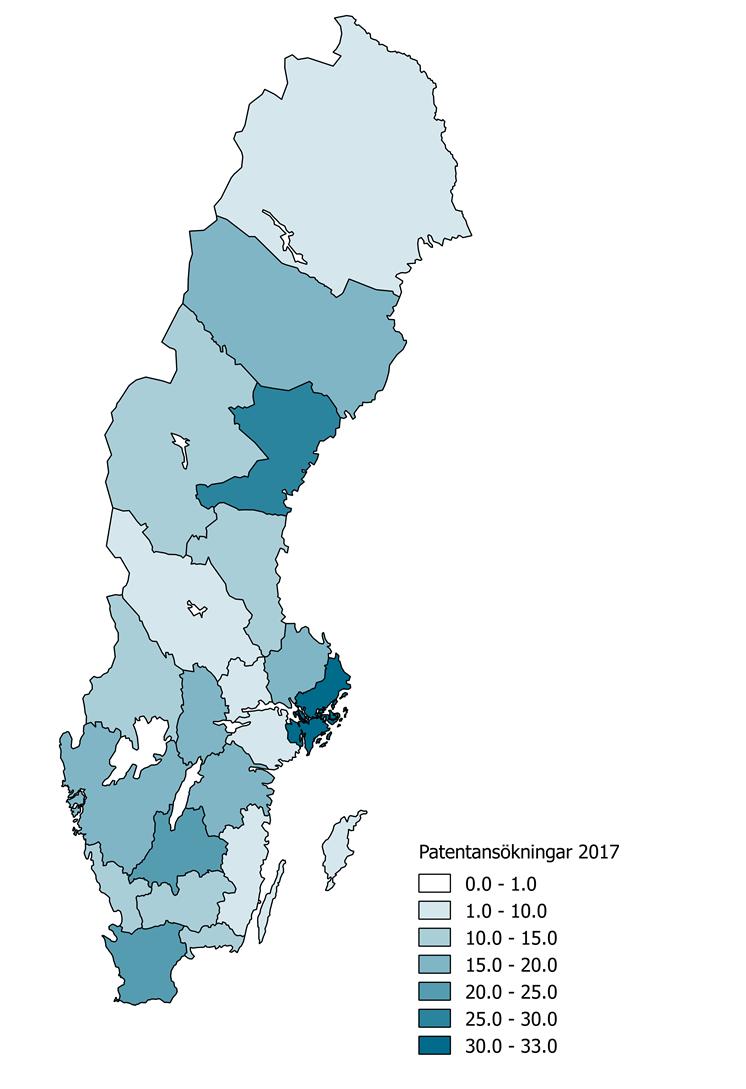 8.5.1 Antal nationella patentansökningar per 100 000 invånare länsvis 2017 Tabellen och kartan baseras på första angivna adress för sökande med svensk adress.