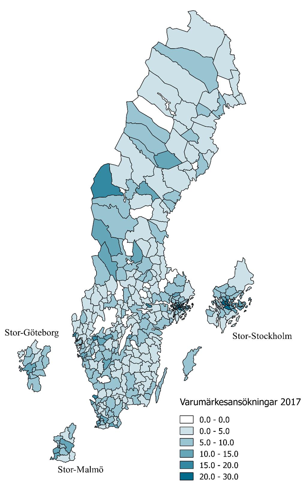 9.3.1 Antal nationella varumärkesansökningar per 10 000 invånare kommunvis 2017 Kartan