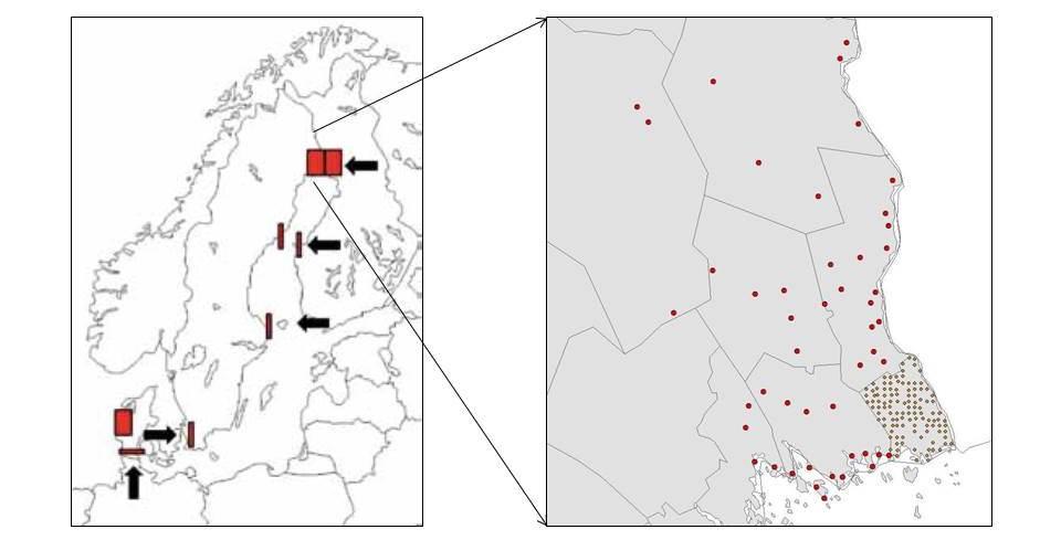 Figur 3. Översiktskarta av de permanenta objektiva kameraövervakningssystemen vid mårdhundens potentiella invandringsvägar till Sverige (karta t.v.) och det subjektiva systemet (röda punkter) i de erfarenhetsmässigt viktigaste områdena i Norrbotten (karta t.