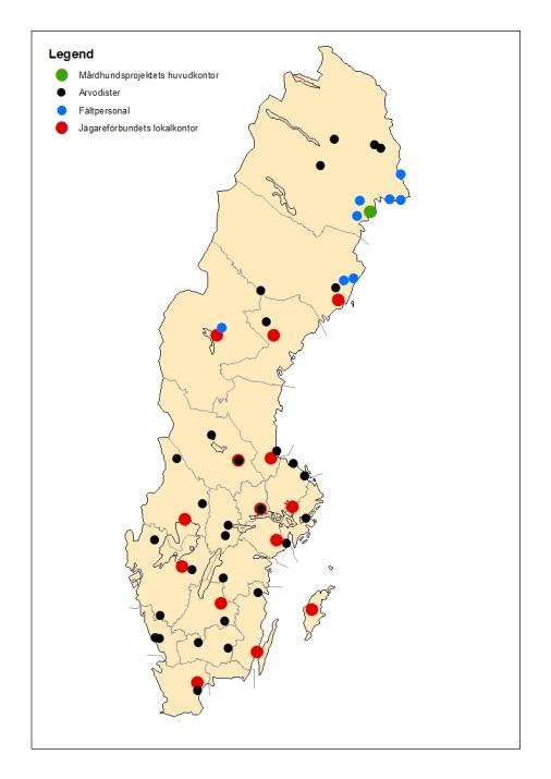 Figur 6. Geografisk utbredning över mårdhundsprojektets personal, Jägareförbundets lokalkontor och mårdhundsprojektets arvodister i landet.