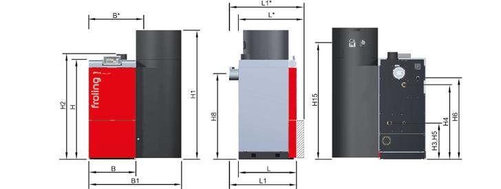 Mått P4 Pellet [mm] P4 15 P4 20 P4 25 P4 32 P4 38 P4 48 P4 60 P4 80 P4 100 P4 105 L Längd panna 1) 740 740 740 L* Längd panna 1) 820 820 900 900 1000 1000 1000 L1 Total längd inkl.