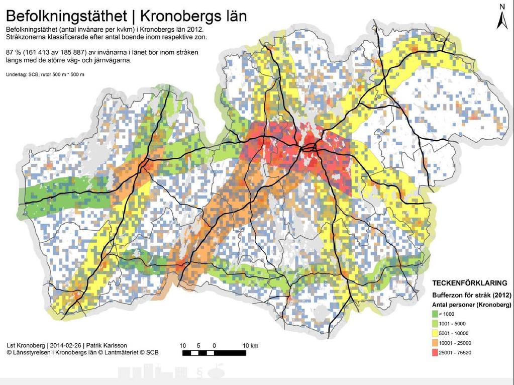 Stråkstruktur Omkring 90 % av befolkning och arbetsplatser inom 5 km från de stora transportstråken.